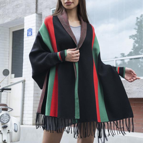 MULTI LINE COLOR MIX TASSEL SHAWL PONCHO