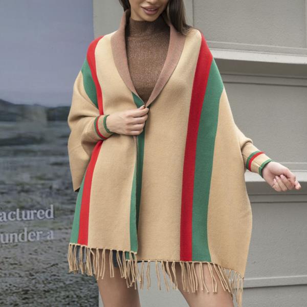 MULTI LINE COLOR MIX TASSEL SHAWL PONCHO