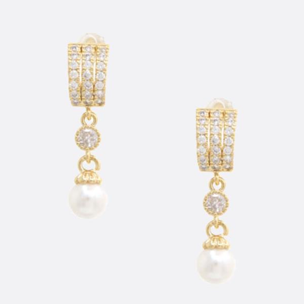 SODAJO CZ CURVE BAR PEARL BEAD GOLD DIPPED EARRING