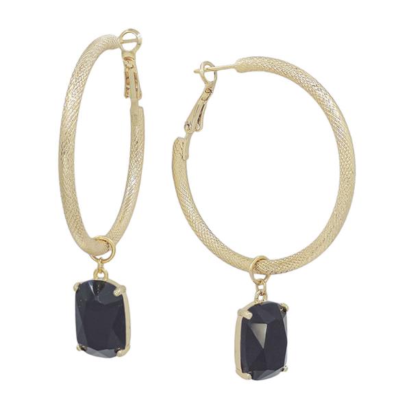 TEXTURED METAL HOOP WITH GLASS CHARM EARRING