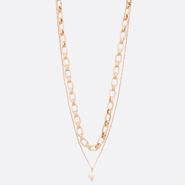 PEARL BEAD OVAL LINK LAYERED NECKLACE