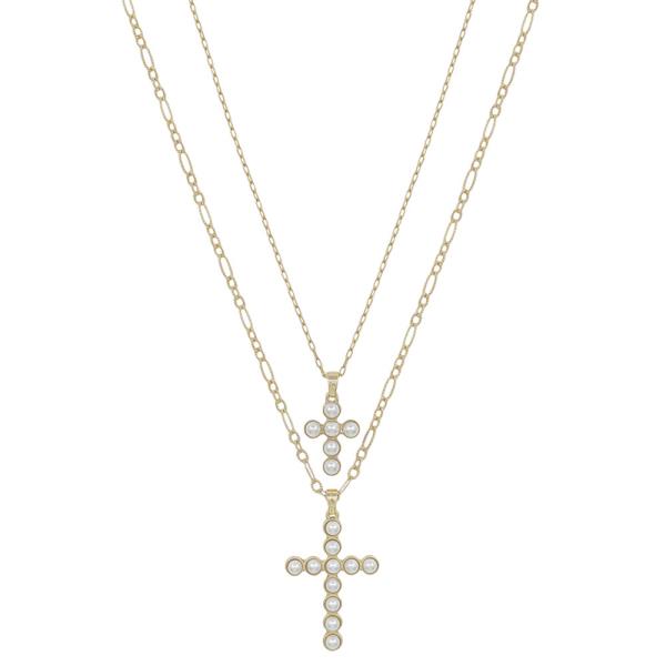 2 LAYER SMALL & BIG PEARL CROSS PENDANT SHORT NECKLACE