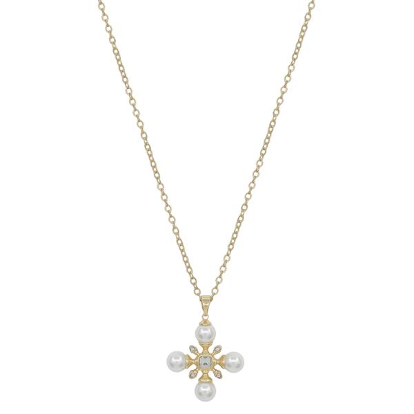 CROSS SHAPED PEARL ACCENT PENDANT SHORT NECKLACE