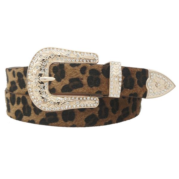 RHINESTONE EMBELLISHED FLOWER LEOPARD HAIR WESTERN BELT