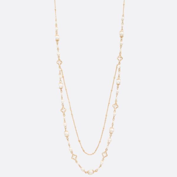 PEARL BEAD CLOVER LINK LAYERED METAL NECKLACE