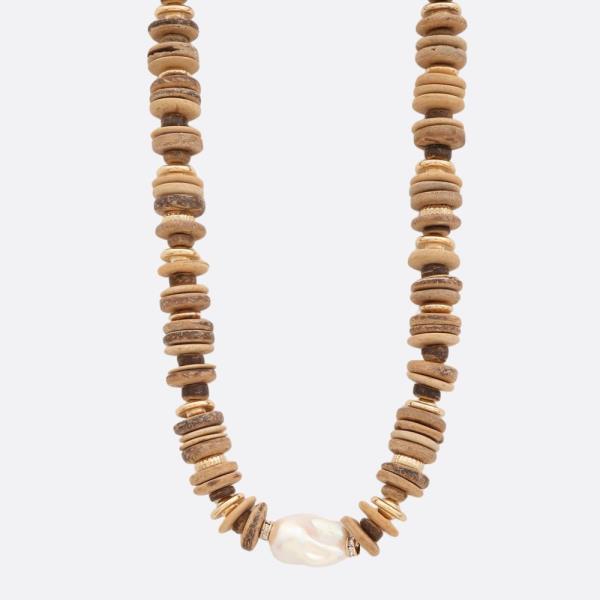 PEARL BEAD DISC WOOD BEAD NECKLACE