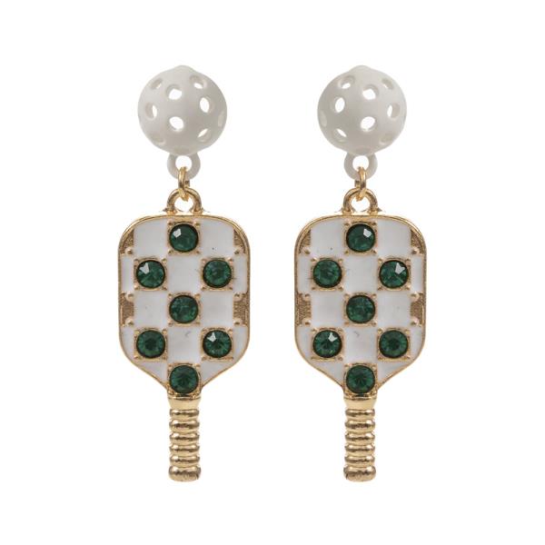 RHINESTONE ACCENT PICKLEBALL BALL AND PADDLE DANGLE EARRING