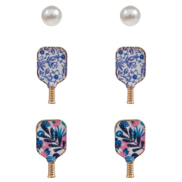 PICKLEBALL PEARL AND PADDLE STUD 3 PAIR  SET EARRING