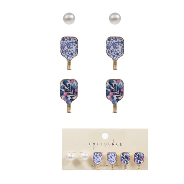 PICKLEBALL PEARL AND PADDLE STUD 3 PAIR  SET EARRING