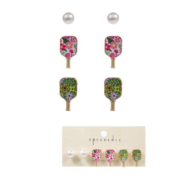 PICKLEBALL PEARL AND PADDLE STUD 3 PAIR  SET EARRING