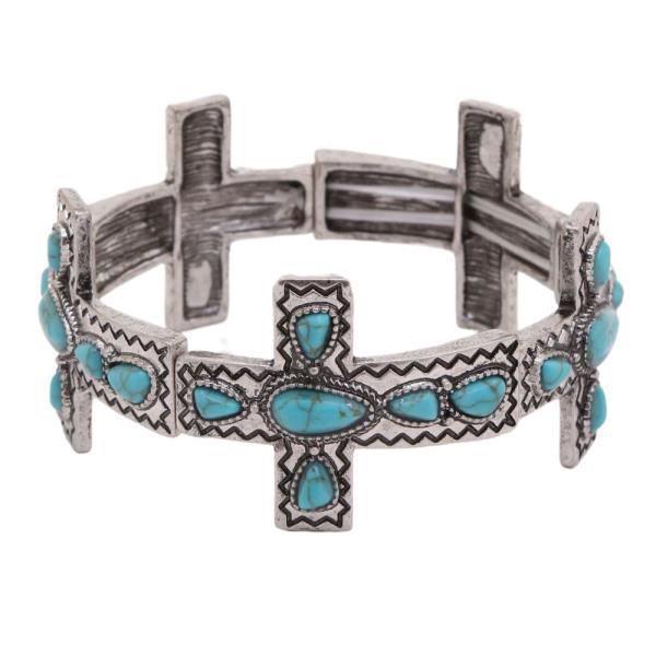 WESTERN STYLE TQ STONE CROSS STRETCH BRACELET