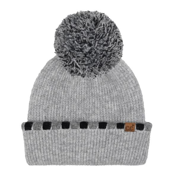 CC NEUTRAL HORIZONTAL STRIPE CUFFED POM BEANIE