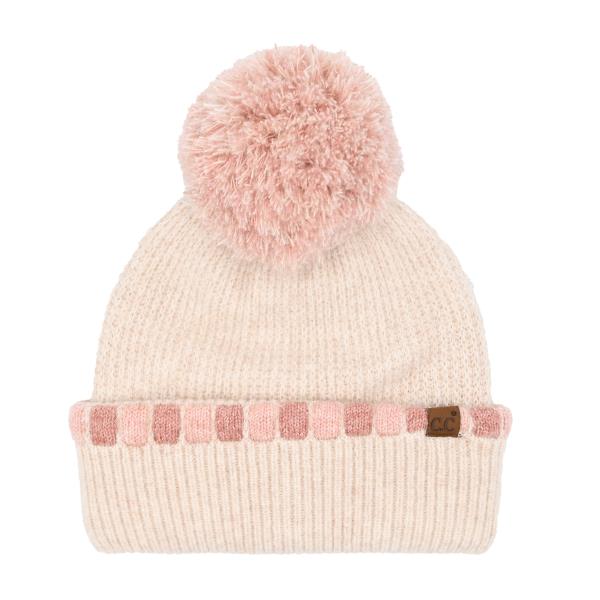 CC NEUTRAL HORIZONTAL STRIPE CUFFED POM BEANIE