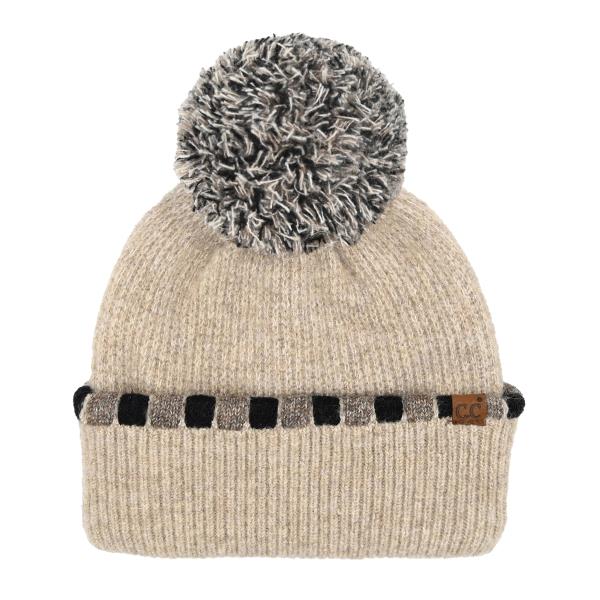 CC NEUTRAL HORIZONTAL STRIPE CUFFED POM BEANIE