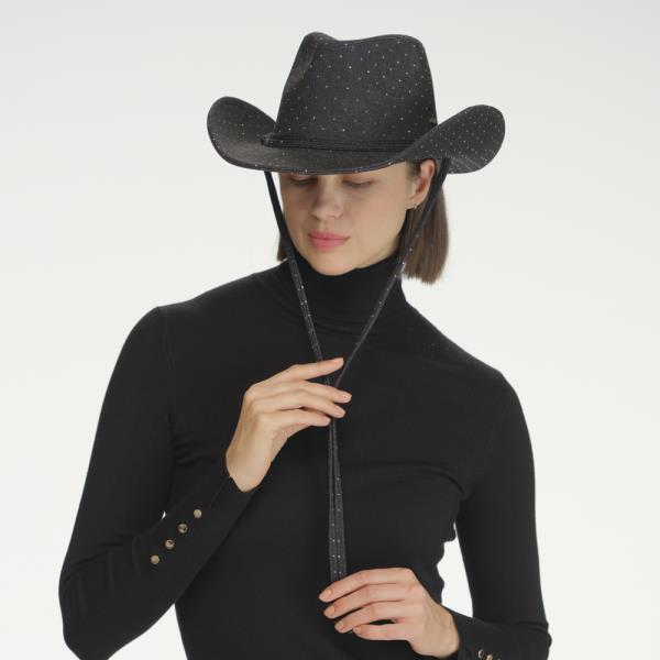 CC ALL OVER RHINESTONE DENIM COWBOY HAT WITH CHIN STRAPS