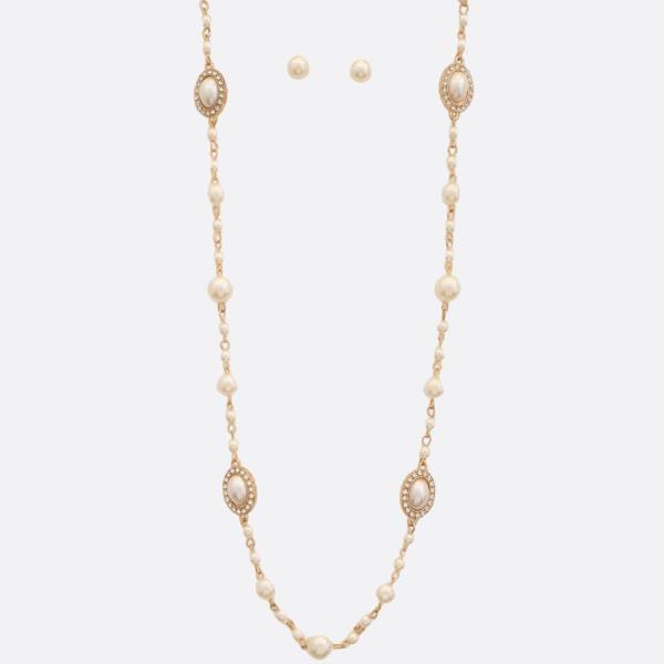 PEARL BEAD WITH CRSTAL LONG NECKLACE