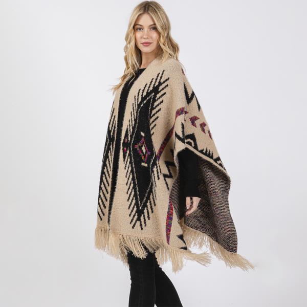 FUZZY AZTEC PATTERN TASSEL KNIT RUANA