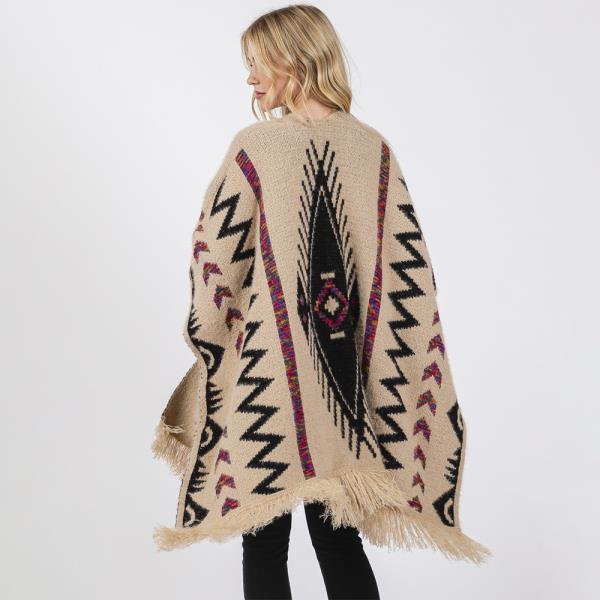 FUZZY AZTEC PATTERN TASSEL KNIT RUANA