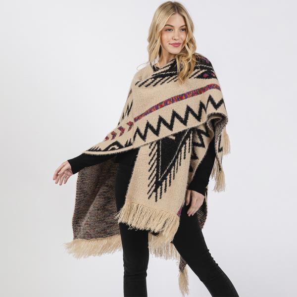 FUZZY AZTEC PATTERN TASSEL KNIT RUANA