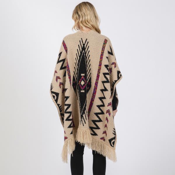 FUZZY AZTEC PATTERN TASSEL KNIT RUANA