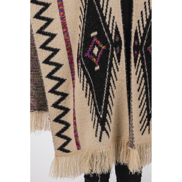 FUZZY AZTEC PATTERN TASSEL KNIT RUANA