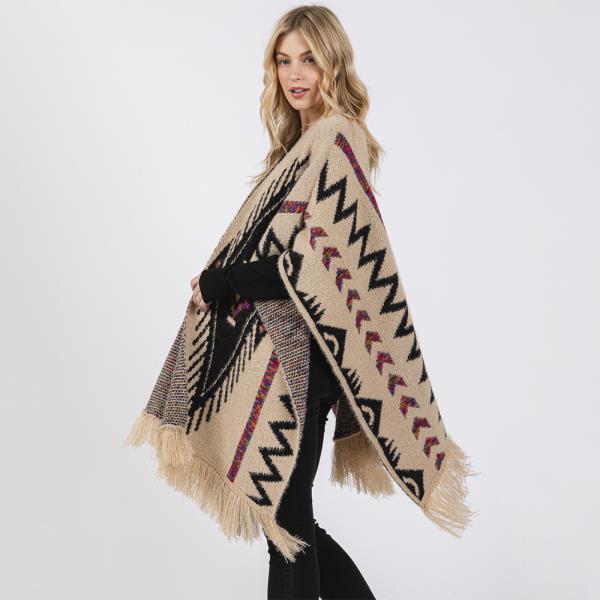 FUZZY AZTEC PATTERN TASSEL KNIT RUANA