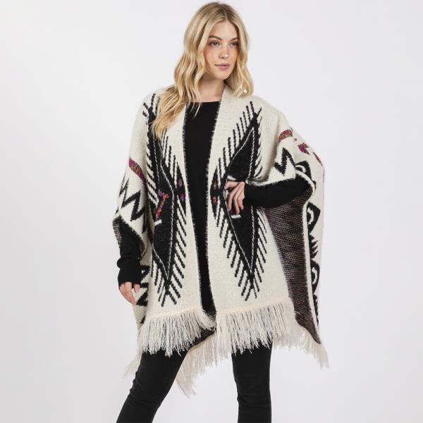 FUZZY AZTEC PATTERN TASSEL KNIT RUANA