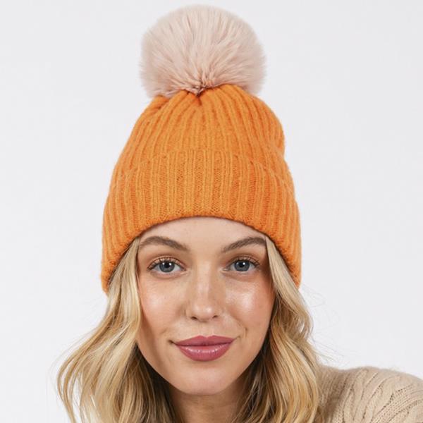 SOLID COLOR POM POM TWO TONE BEANIE