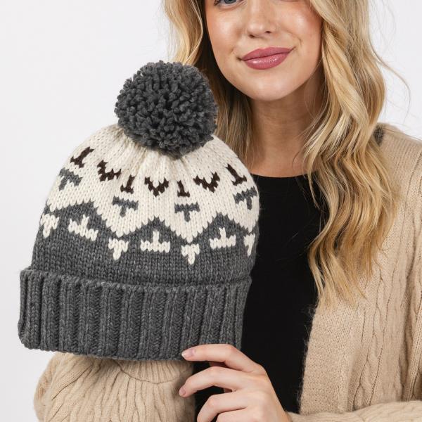 AZTEC PATTERN POM POM BEANIE