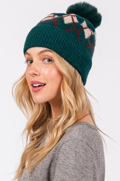 WOOL BLENDED ARGYLE FLEECE POM POM BEANIE