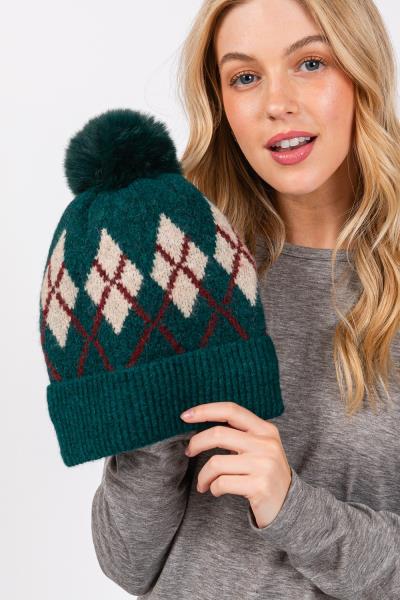 WOOL BLENDED ARGYLE FLEECE POM POM BEANIE