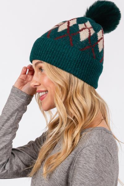 WOOL BLENDED ARGYLE FLEECE POM POM BEANIE