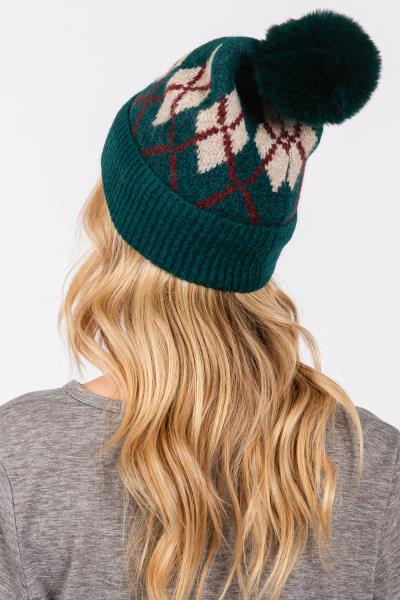 WOOL BLENDED ARGYLE FLEECE POM POM BEANIE