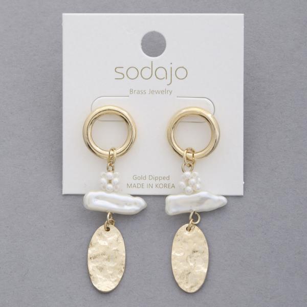 SODAJO CIRCLE PEARL BEAD OVAL DANGLE GOLD DIPPED EARRING