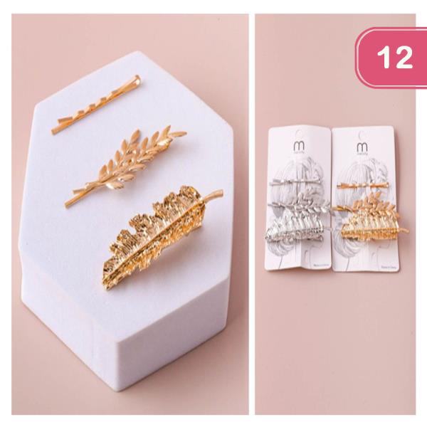 TEXTURED METAL LEAVES HAIR PINS (12 UNITS)