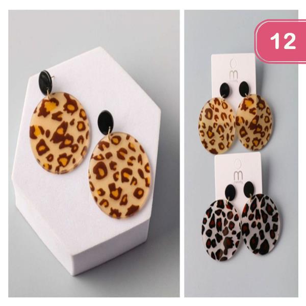 CHEETAH PLASTIC DISC DROP EARRING (12 UNITS)