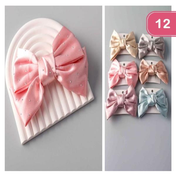 STUDDED SATIN HAIR BOW PIN (12 UNITS)