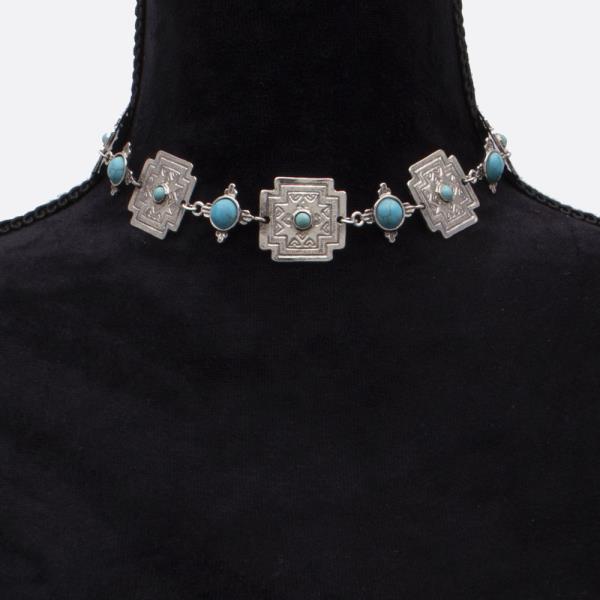 WESTERN STYLE WIDE CROSS TURQUOISE BEAD METAL NECKLACE