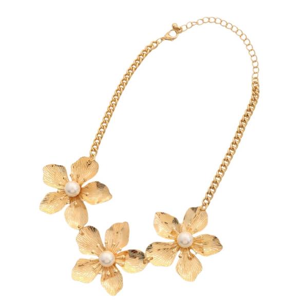 SDJ FLOWER PEARL BEAD METAL NECKLACE