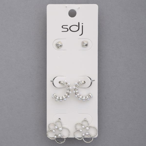 SDJ PEARL BEAD FLOWER METAL ASSORTED EARRING SET