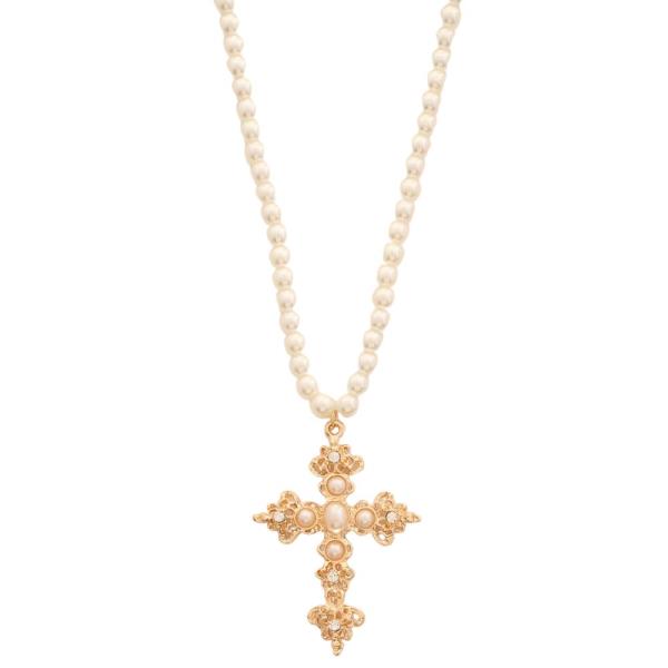 SDJ CROSS PENDANT PEARL BEAD NECKLACE