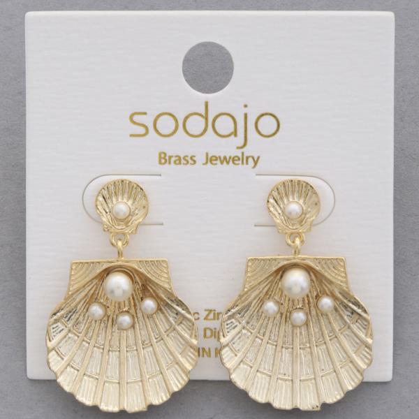 SODAJO SEASHELL PEARL BEAD METAL GOLD DIPPED DANGLE EARRING