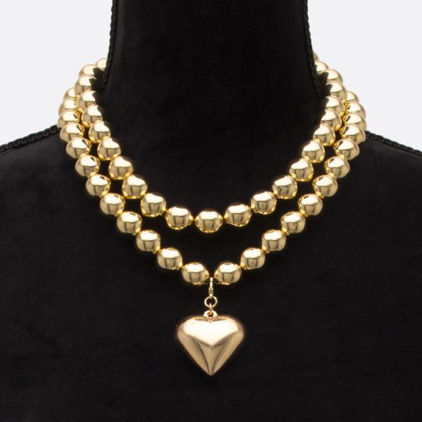 PUFFY HEART PENDANT LAYERED BALL BEAD NECKLACE