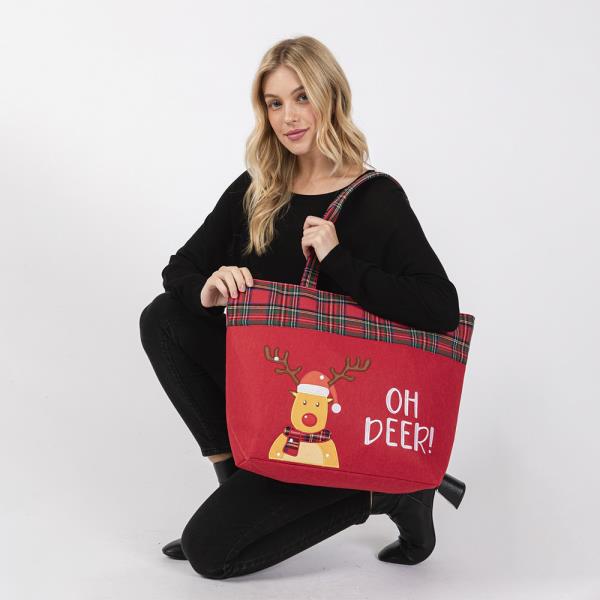 OH DEER LETTER REINDEER CHRISTMAS TOTE BAG