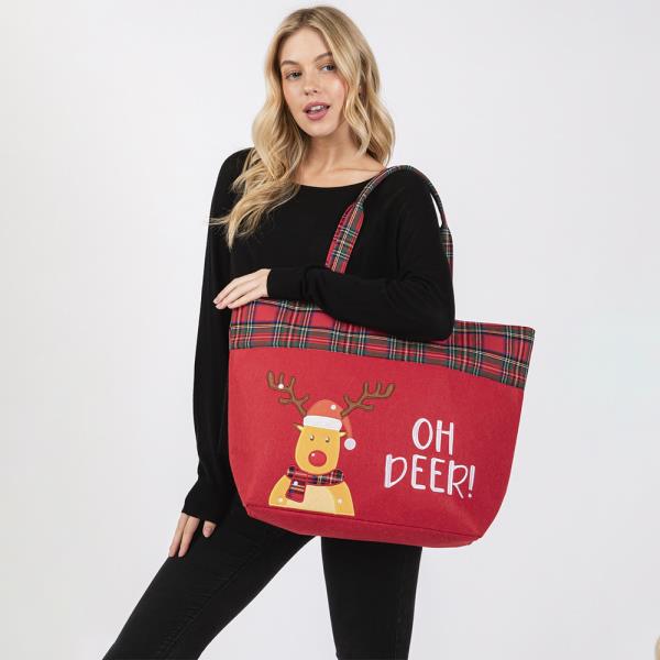 OH DEER LETTER REINDEER CHRISTMAS TOTE BAG