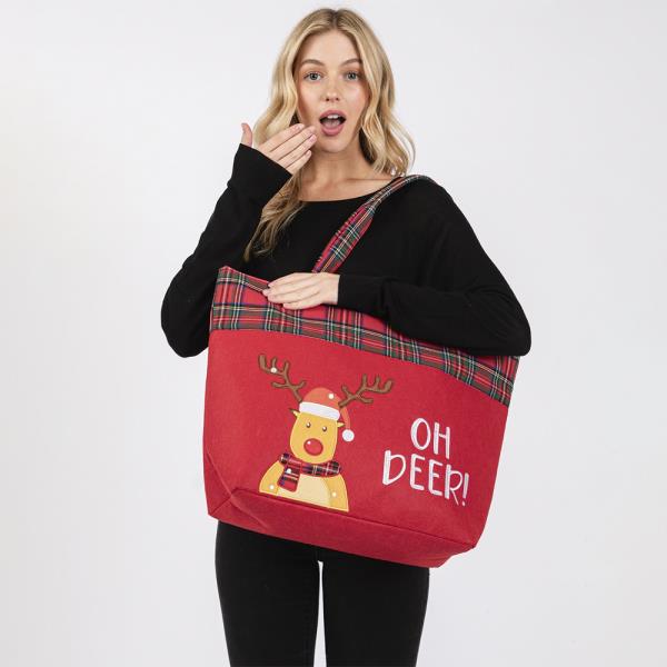 OH DEER LETTER REINDEER CHRISTMAS TOTE BAG