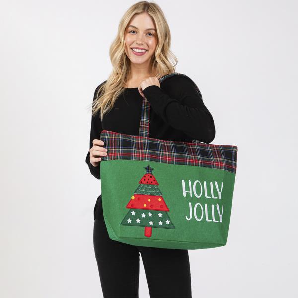 HOLLY JOLLY LETTER CHRISTMAS TREE CHRISTMAS TOTE BAG