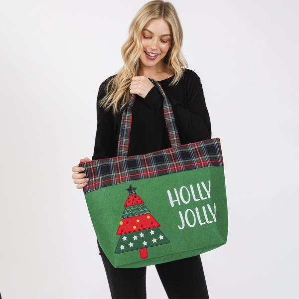 HOLLY JOLLY LETTER CHRISTMAS TREE CHRISTMAS TOTE BAG