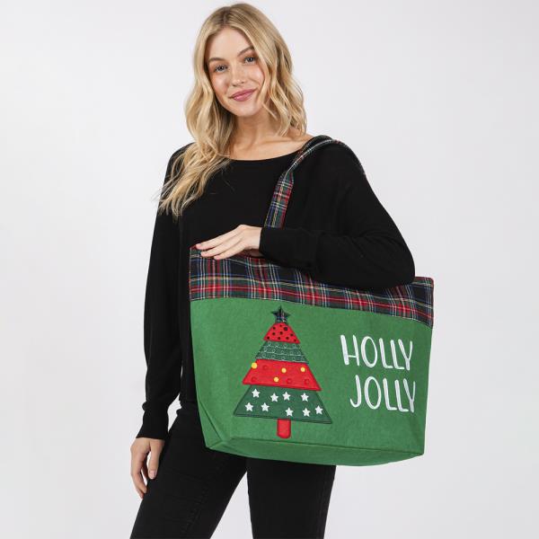 HOLLY JOLLY LETTER CHRISTMAS TREE CHRISTMAS TOTE BAG