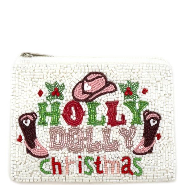 SEED BEAD WESTERN CHRISTMAS HOLLY DOLLY COIN PURSE BAG